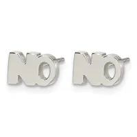 Pair of silver stud earrings shaped like the letters "NO" with posts and backs.