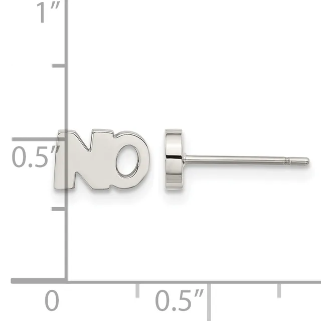 Silver-colored stud earring with a small circular post shown next to a ruler indicating dimensions of approximately 0.5 inches wide by 1 inch tall.