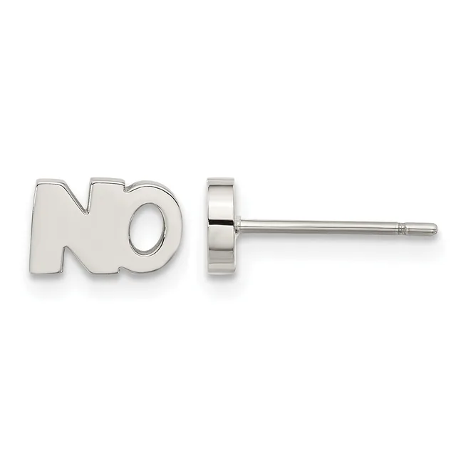 Silver stud earring with "NO" text design shown from front and side view on white background.