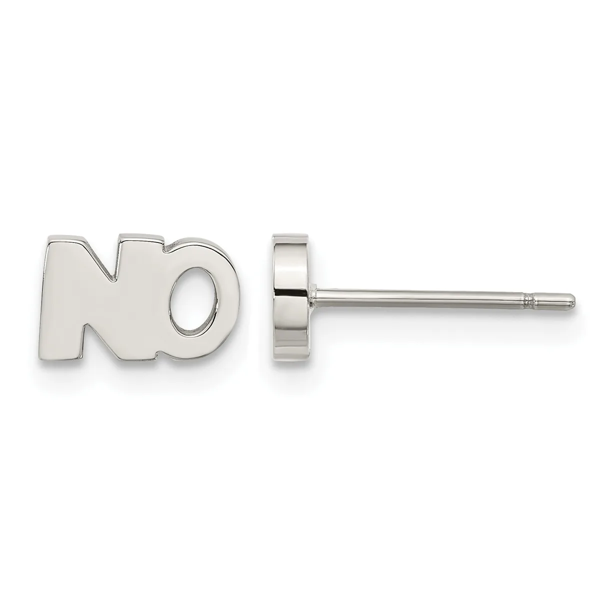 Silver stud earring with "NO" text design shown from front and side view on white background.