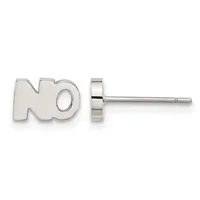 Silver stud earring with "NO" text design shown from front and side view on white background.