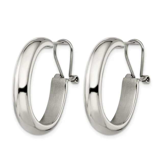 A pair of polished silver-toned chunky hoop earrings with hinged closures, shown from the front against a white background.