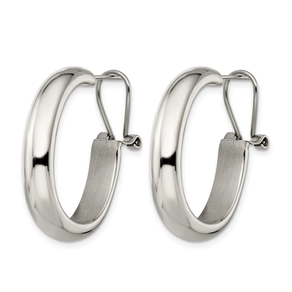 A pair of polished silver-toned chunky hoop earrings with hinged closures, shown from the front against a white background.