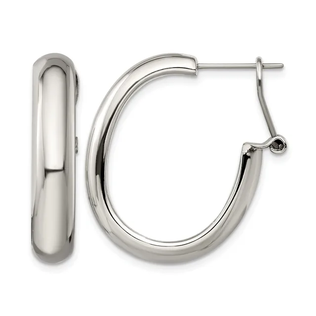 A pair of polished silver-toned chunky oval hoop earrings with post and clutch closures, shown from the front and side view.