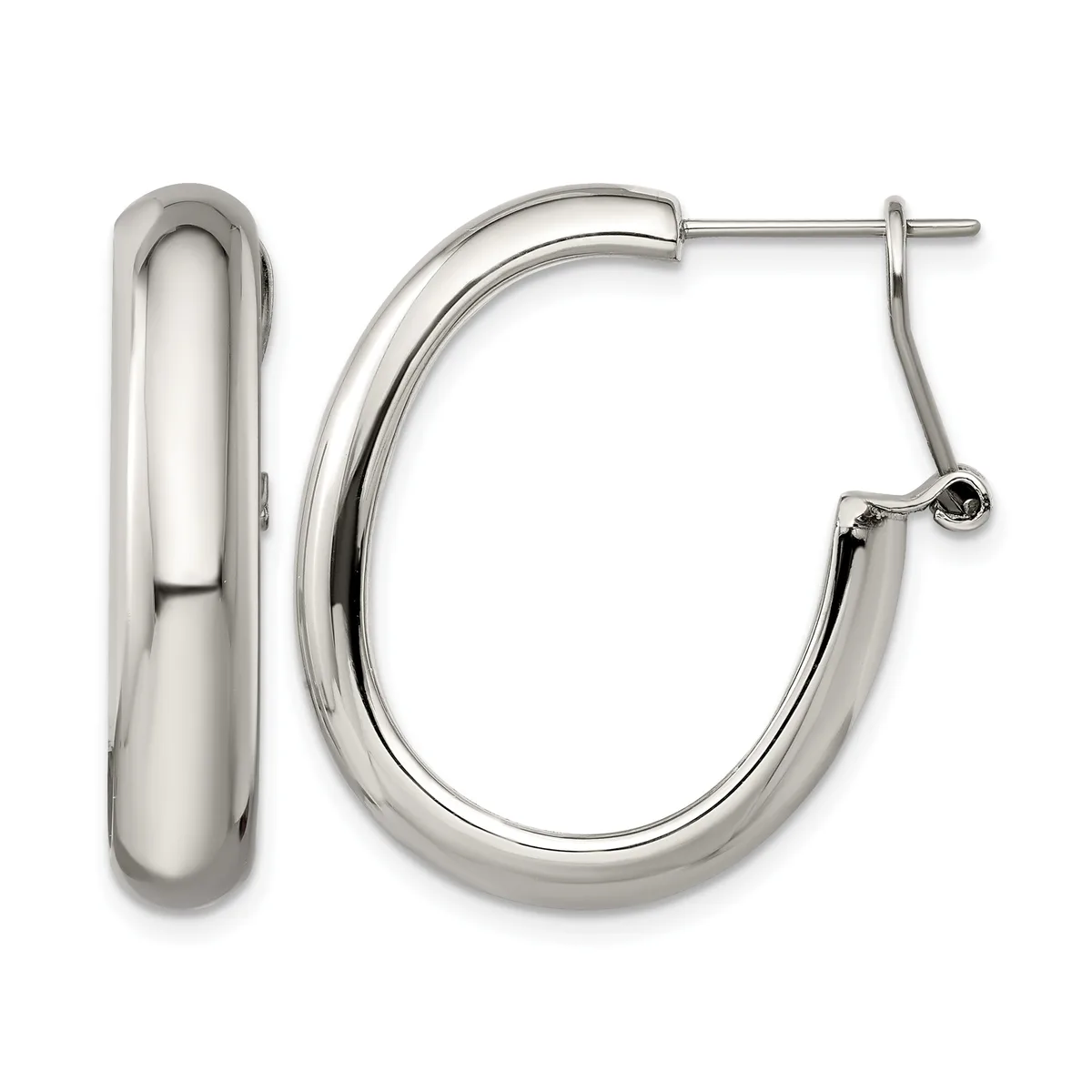 A pair of polished silver-toned chunky oval hoop earrings with post and clutch closures, shown from the front and side view.