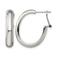 A pair of polished silver-toned chunky oval hoop earrings with post and clutch closures, shown from the front and side view.