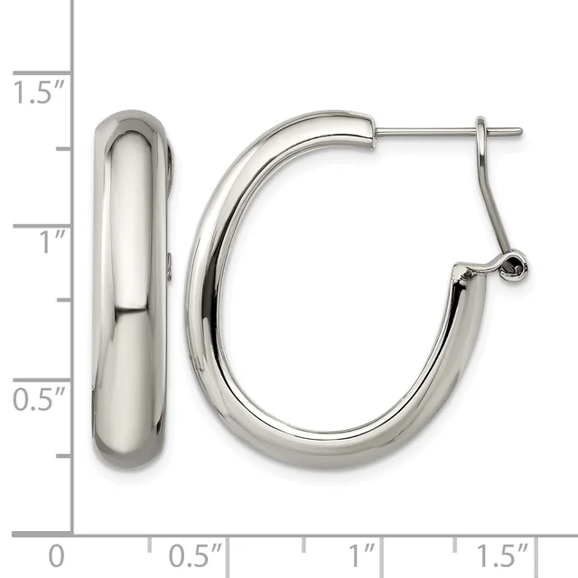 Polished silver-tone chunky oval hoop earrings with post and clutch backs, displayed against a measurement ruler showing approximately 1.5 inches in length and 0.5 inches in width.