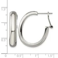 Polished silver-tone chunky oval hoop earrings with post and clutch backs, displayed against a measurement ruler showing approximately 1.5 inches in length and 0.5 inches in width.