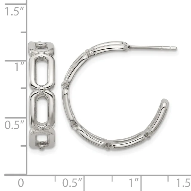 Silver hoop earrings with rectangular link detailing, shown front and side view with a measurement scale indicating approximately one inch in height.