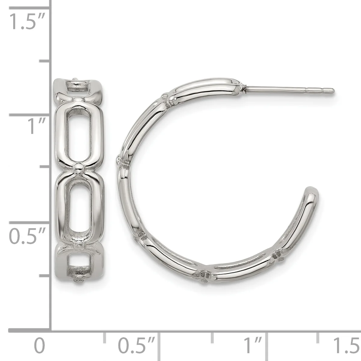 Silver hoop earrings with rectangular link detailing, shown front and side view with a measurement scale indicating approximately one inch in height.