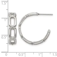 Silver hoop earrings with rectangular link detailing, shown front and side view with a measurement scale indicating approximately one inch in height.