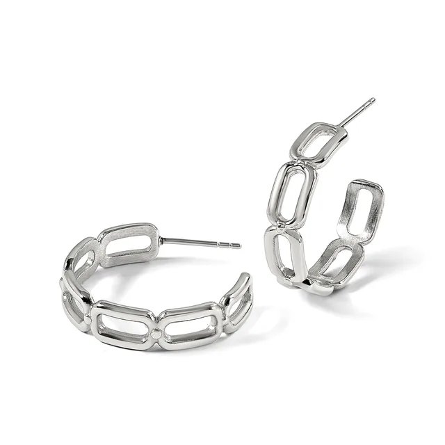 A pair of silver hoop earrings with rectangular link segments arranged in a curved pattern, shown from two angles against a white background.