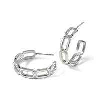 A pair of silver hoop earrings with rectangular link segments arranged in a curved pattern, shown from two angles against a white background.