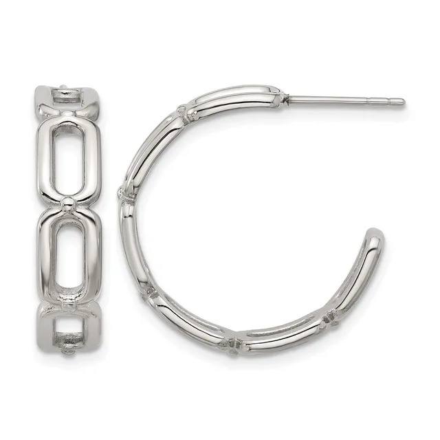 Pair of silver hoop earrings with rectangular link details and post-and-clutch closures, shown from front and side views.