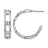Pair of silver hoop earrings with rectangular link details and post-and-clutch closures, shown from front and side views.