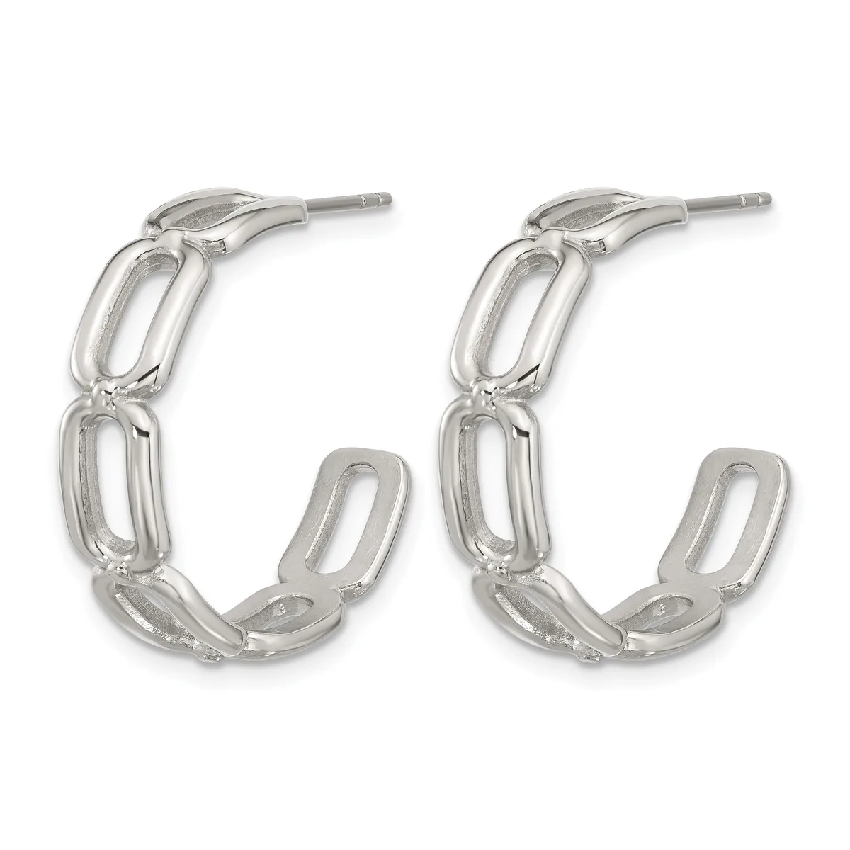 A pair of silver hoop earrings with rectangular link details, shown from the front against a white background.