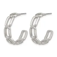 A pair of silver hoop earrings with rectangular link details, shown from the front against a white background.