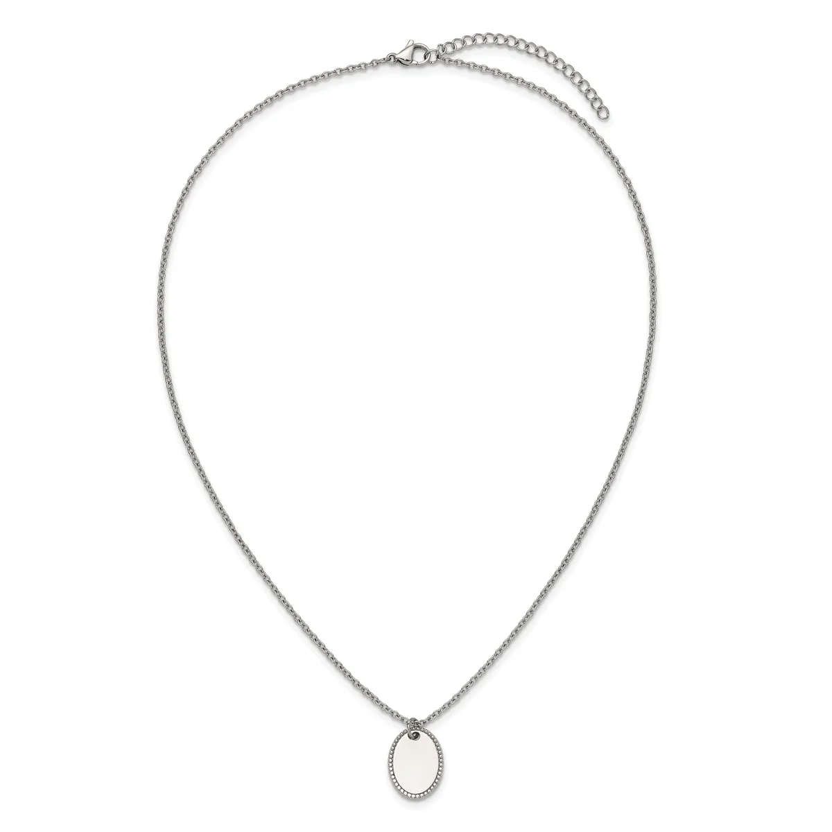 A silver-toned chain necklace with an adjustable length and a small oval pendant featuring a dotted border design.