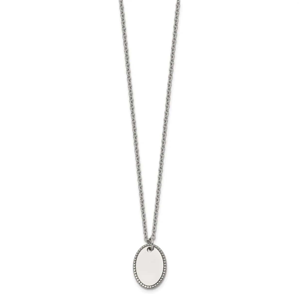 Silver-toned chain necklace with an oval pendant featuring a beaded border and plain polished center, shown against a white background.