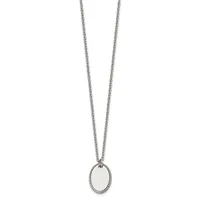 Silver-toned chain necklace with an oval pendant featuring a beaded border and plain polished center, shown against a white background.