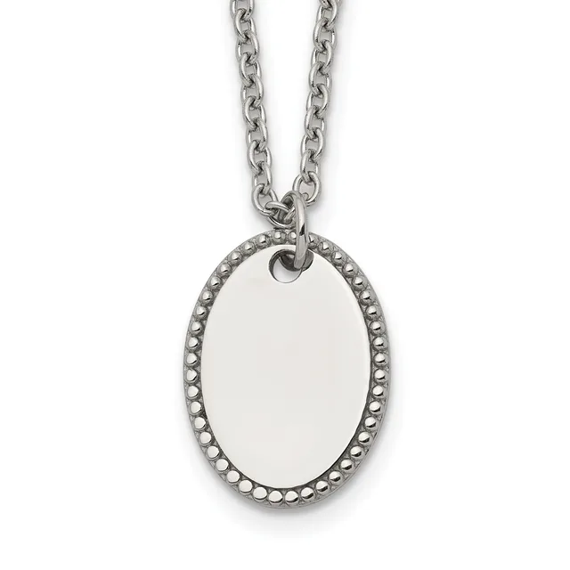 A stainless steel chain necklace with an oval pendant featuring a blank polished center and a decorative dotted border.