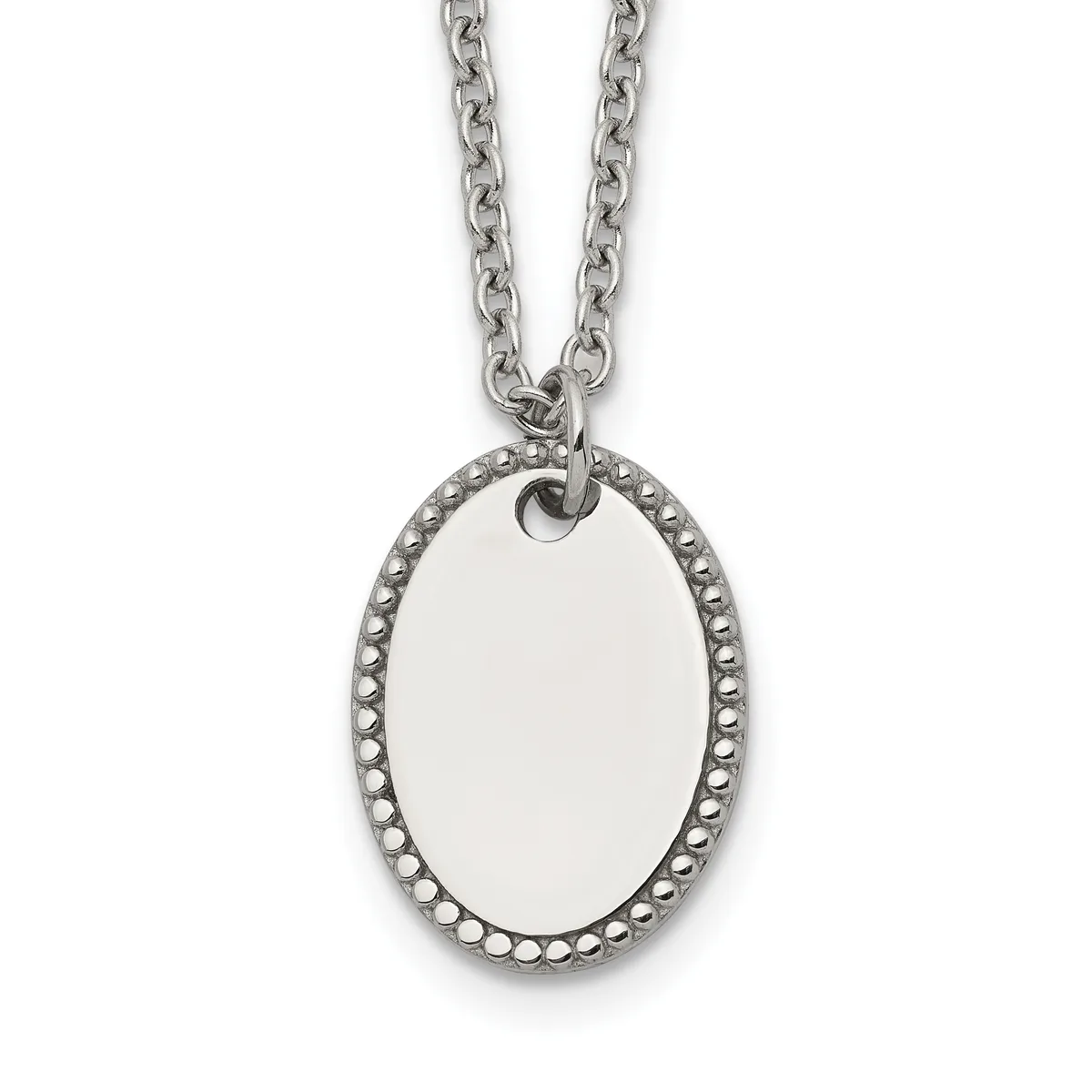 A stainless steel chain necklace with an oval pendant featuring a blank polished center and a decorative dotted border.