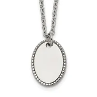 A stainless steel chain necklace with an oval pendant featuring a blank polished center and a decorative dotted border.
