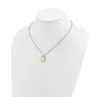 A silver-toned chain necklace with a small oval pendant featuring a pale stone or mother-of-pearl center, displayed on a white mannequin bust.