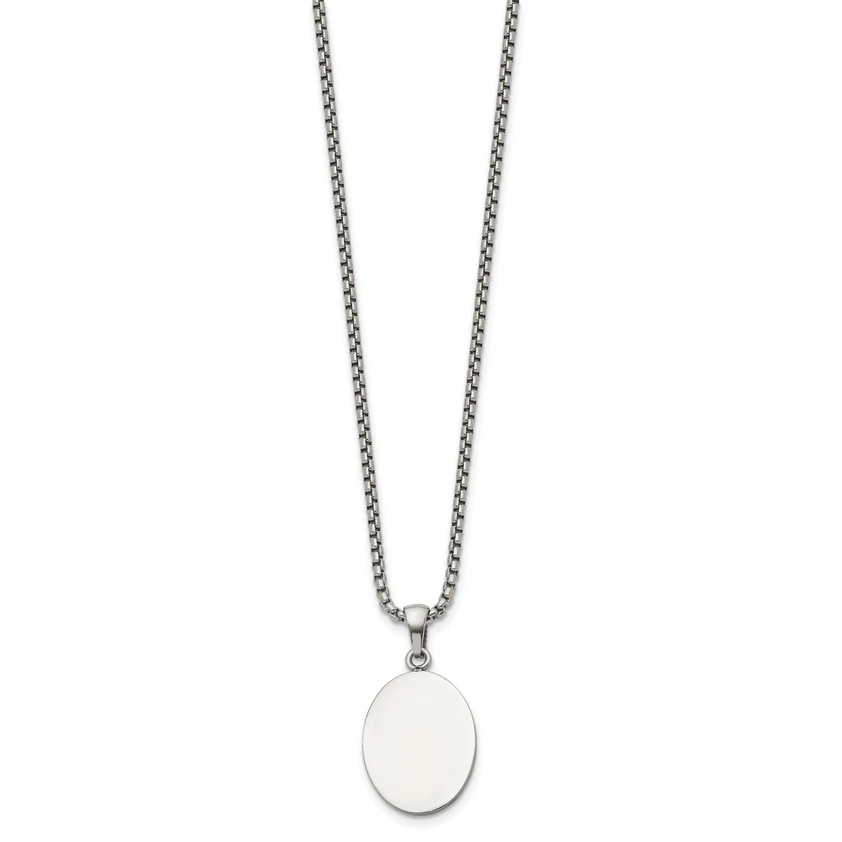 Silver-toned chain necklace with an oval pendant featuring a white stone or enamel center and polished metal rim.