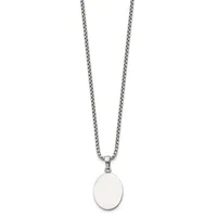 Silver-toned chain necklace with an oval pendant featuring a white stone or enamel center and polished metal rim.