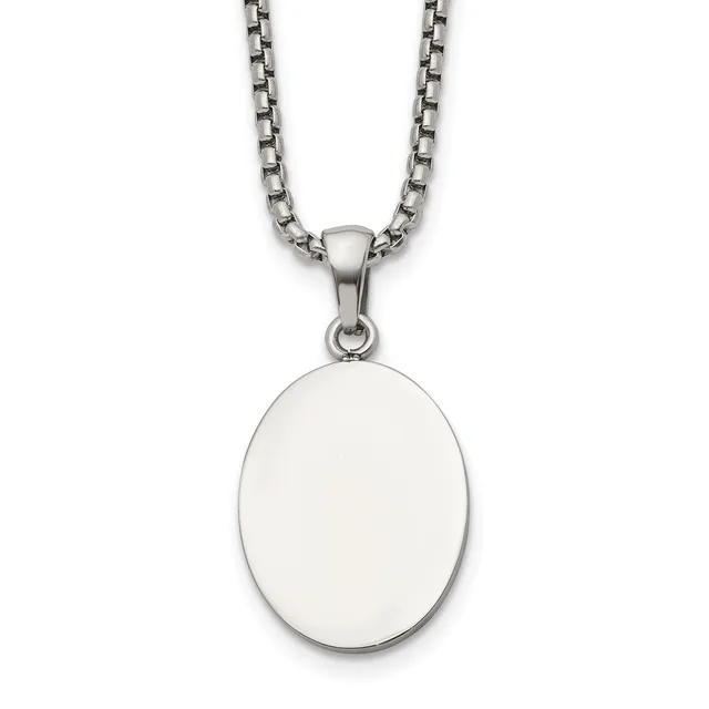 A polished silver oval pendant hangs from a matching silver box chain necklace against a white background.