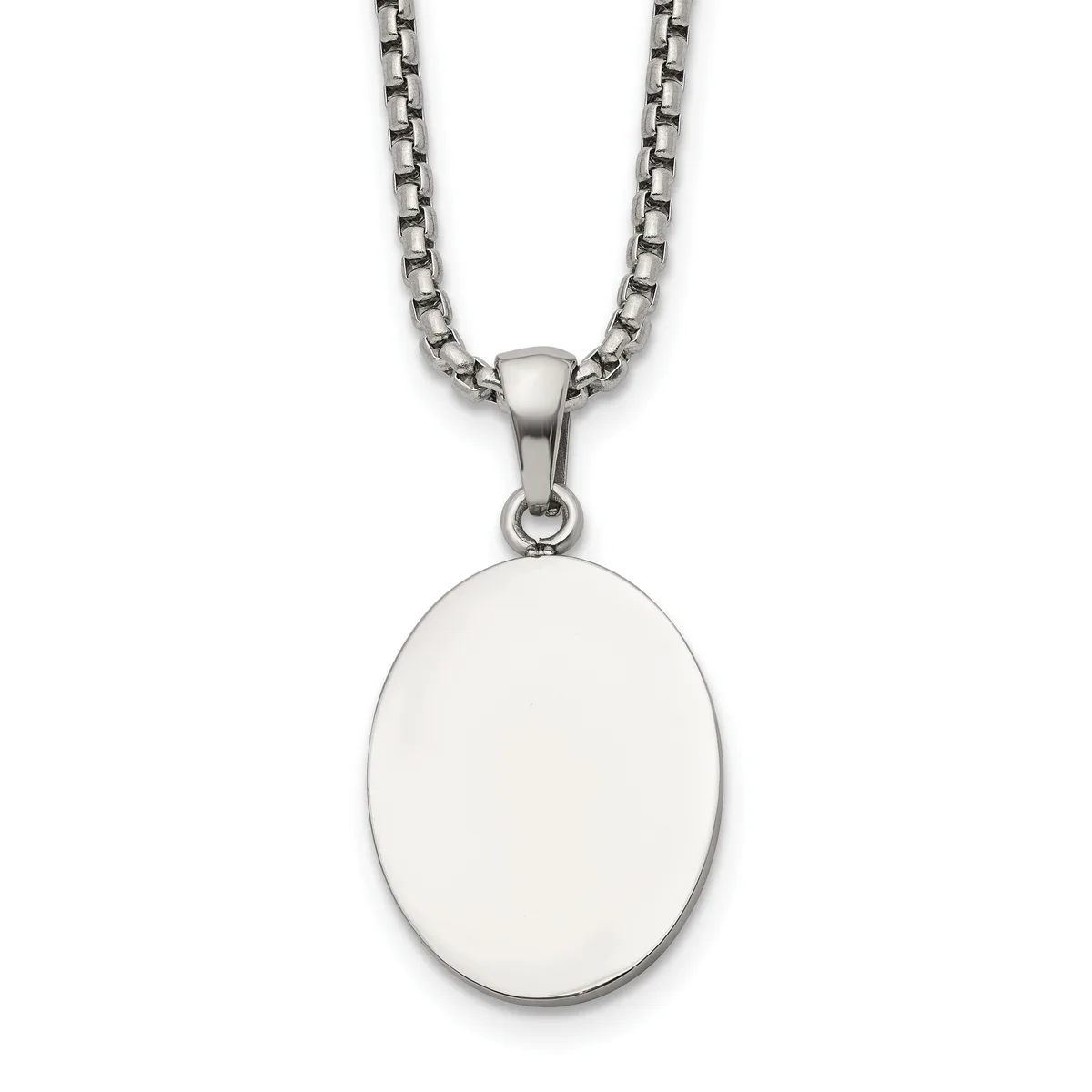 A polished silver oval pendant hangs from a matching silver box chain necklace against a white background.