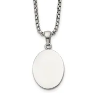 A polished silver oval pendant hangs from a matching silver box chain necklace against a white background.