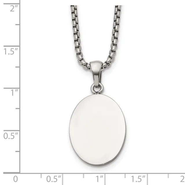 Silver-toned stainless steel necklace with a polished oval pendant, shown against a ruler measuring approximately 1.25 inches in length.