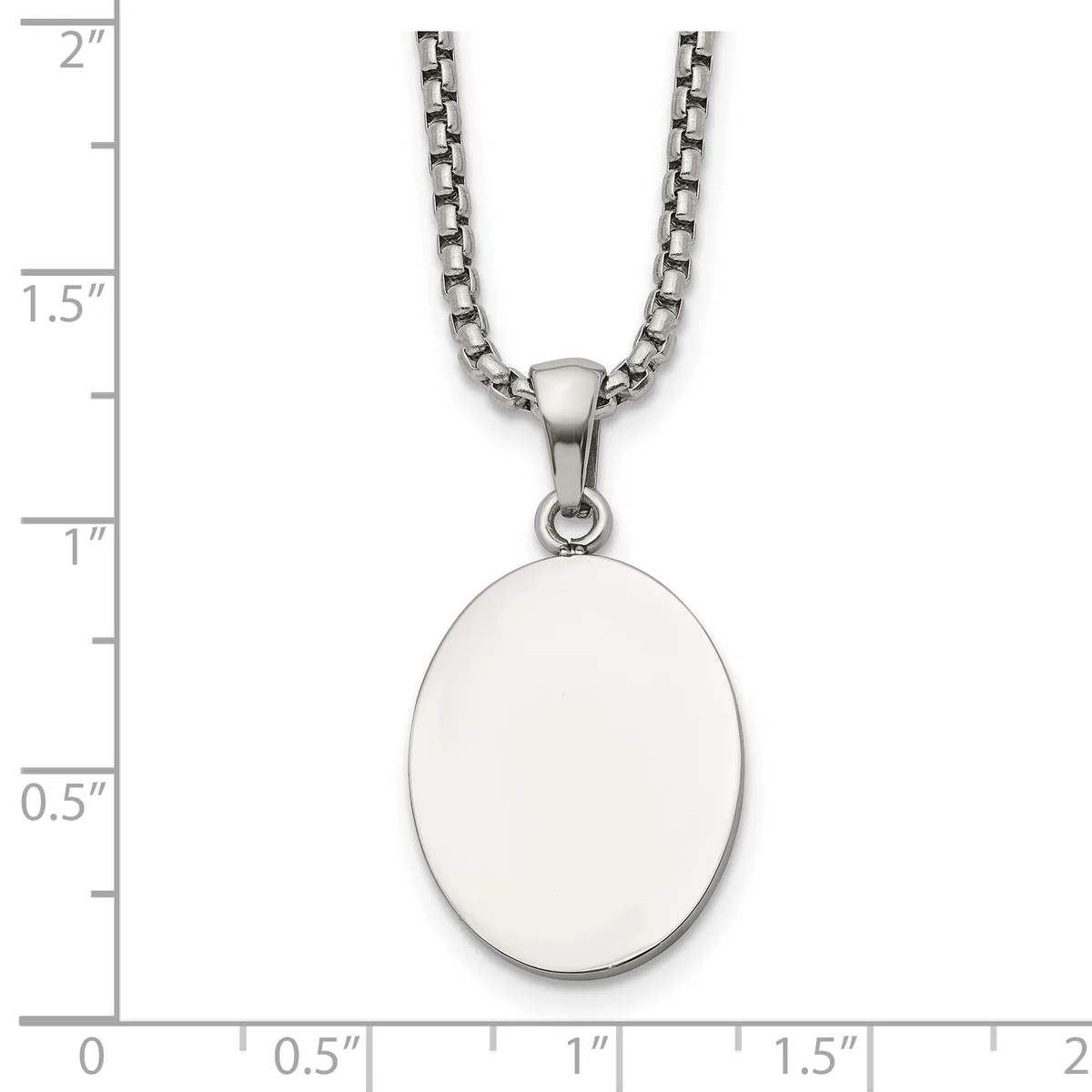 Silver-toned stainless steel necklace with a polished oval pendant, shown against a ruler measuring approximately 1.25 inches in length.