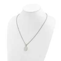A silver-toned chain necklace with a small oval pendant displayed on a white mannequin bust.