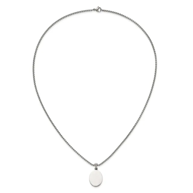 A silver chain necklace with a small oval pendant hanging from the center.