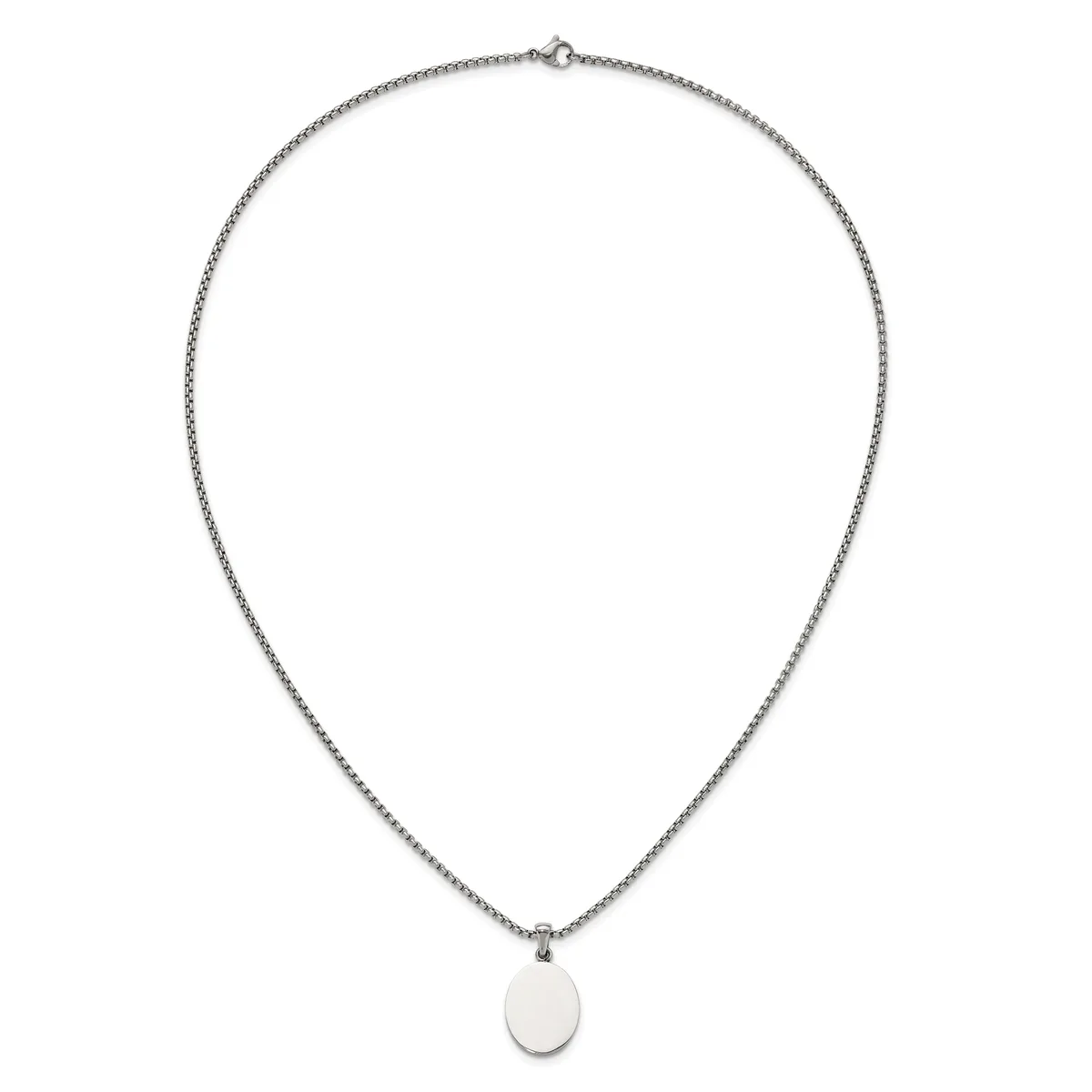 A silver chain necklace with a small oval pendant hanging from the center.
