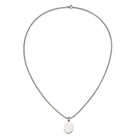 A silver chain necklace with a small oval pendant hanging from the center.