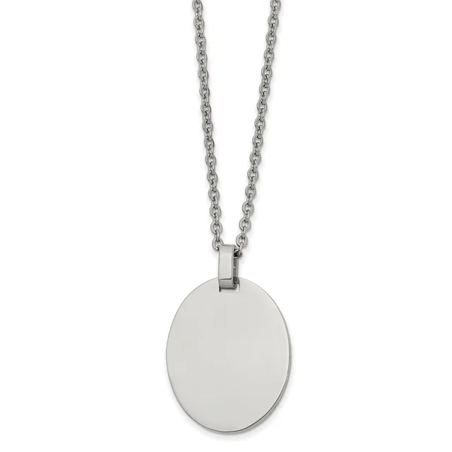 A polished stainless steel oval pendant hangs from a matching chain against a white background.