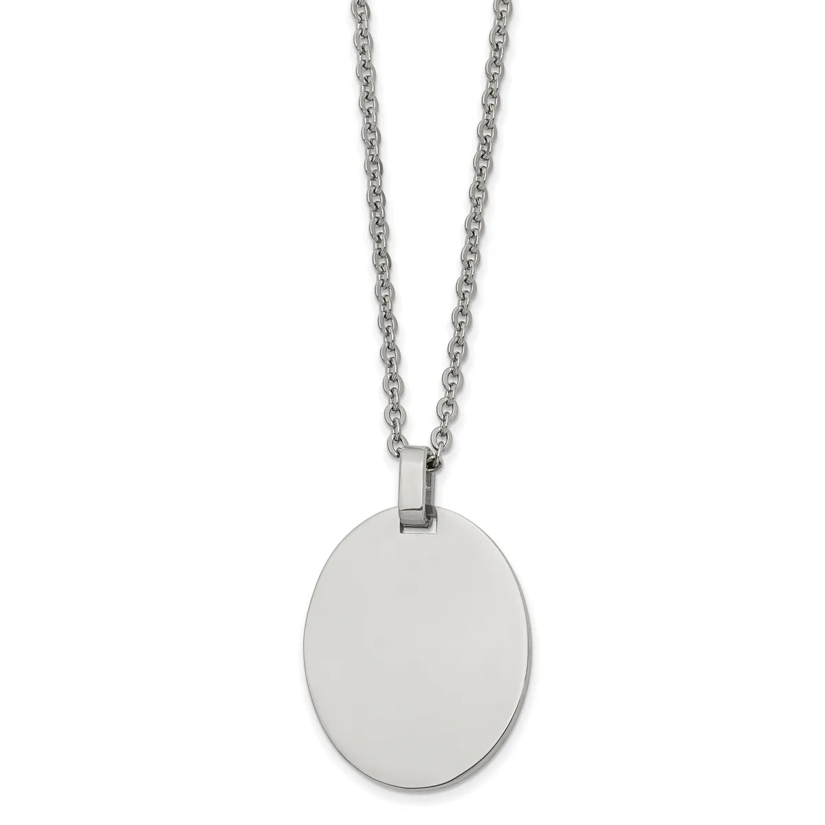 A polished stainless steel oval pendant hangs from a matching chain against a white background.