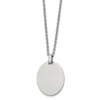A polished stainless steel oval pendant hangs from a matching chain against a white background.