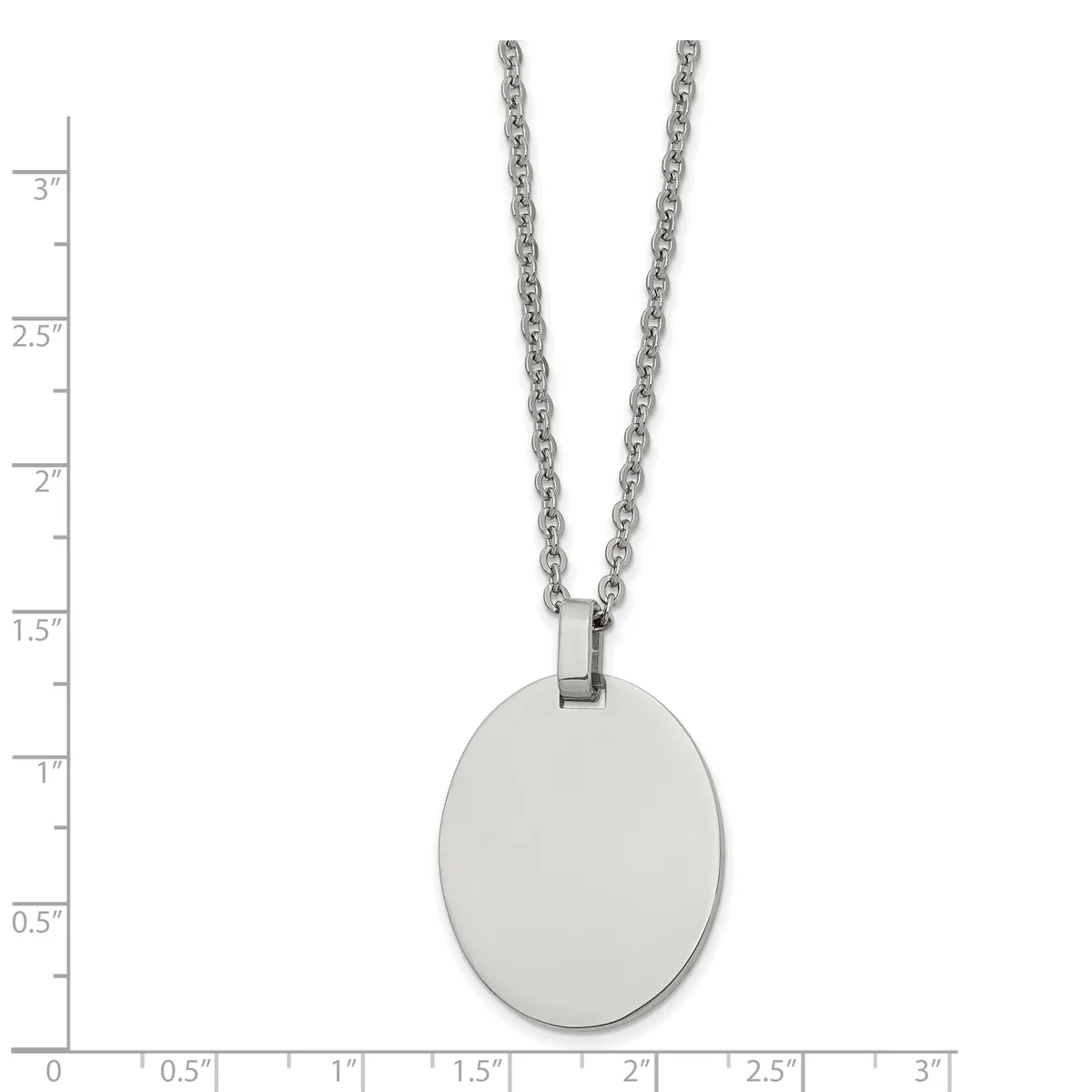 A stainless steel pendant necklace with an oval disc charm hanging from a cable chain, shown against a measurement scale.