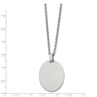 A stainless steel pendant necklace with an oval disc charm hanging from a cable chain, shown against a measurement scale.