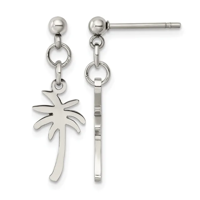 A pair of stainless steel dangle earrings with ball posts, featuring palm tree charms suspended from small rings on the left and a rectangular textured bar on the right.