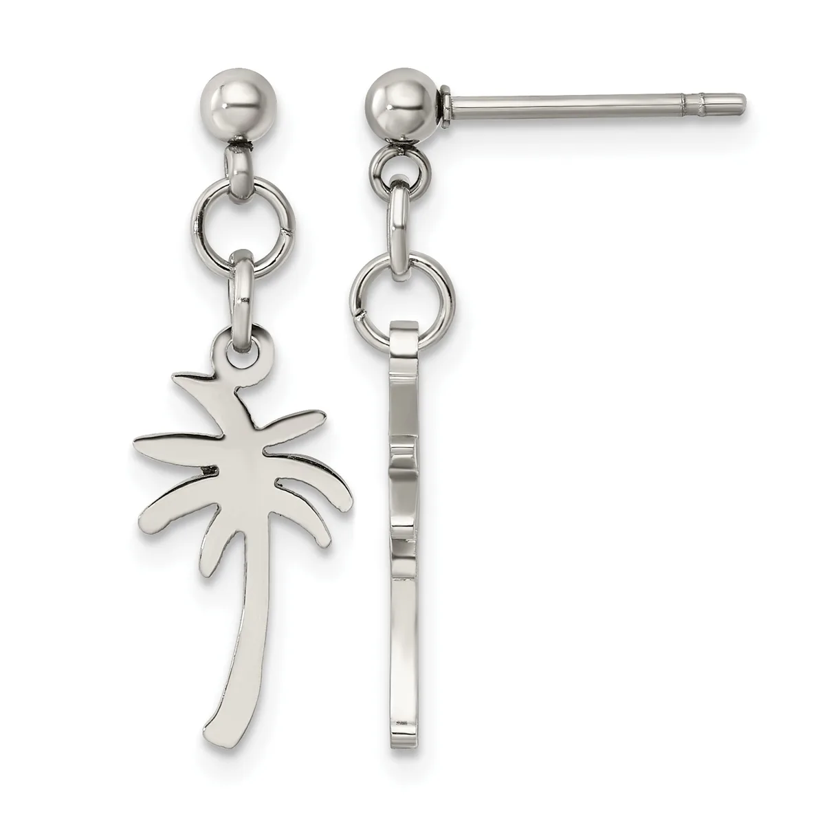 A pair of stainless steel dangle earrings with ball posts, featuring palm tree charms suspended from small rings on the left and a rectangular textured bar on the right.