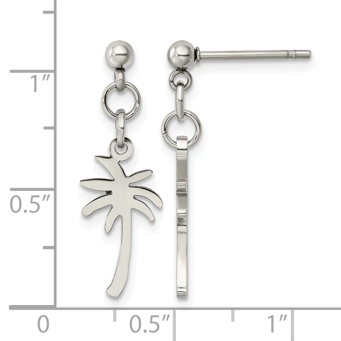 Stainless steel dangle earrings featuring palm tree charms suspended from ball studs, shown against a measurement scale.