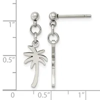 Stainless steel dangle earrings featuring palm tree charms suspended from ball studs, shown against a measurement scale.