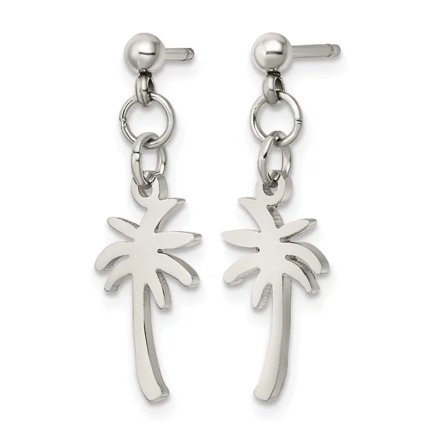 Pair of silver-toned stainless steel dangle earrings with ball studs, featuring palm tree charms suspended from chain links.
