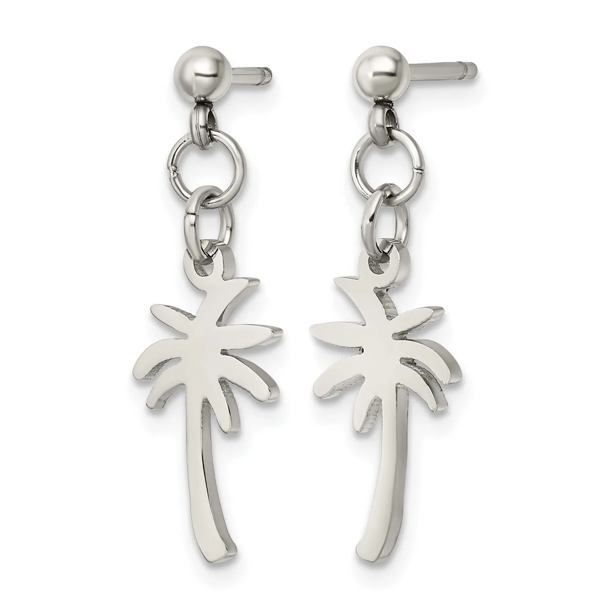 Pair of silver-toned stainless steel dangle earrings with ball studs, featuring palm tree charms suspended from chain links.